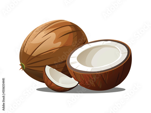 Whole coconut and pieces isolated on white background
