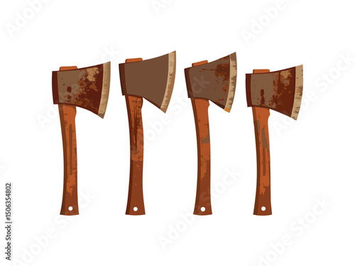 Rusty hatchet axes set isolated on white background
