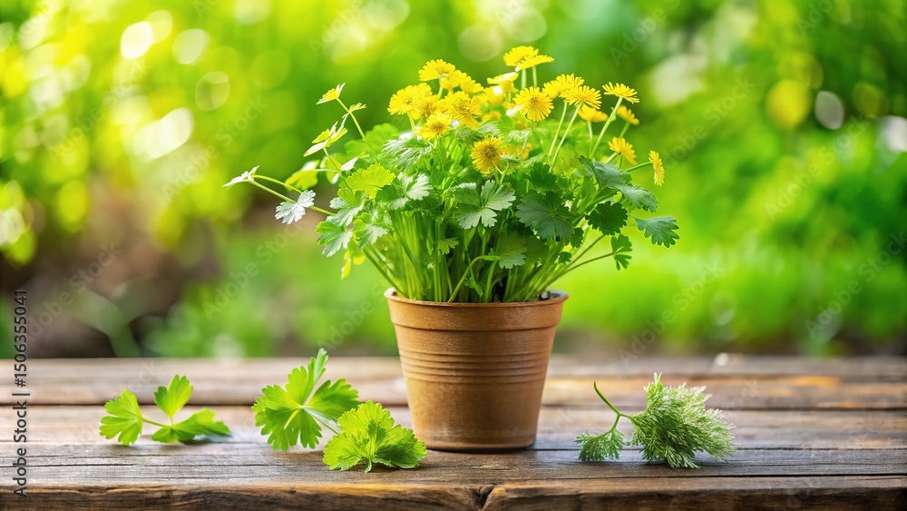 Fresh Parsley and Flowers in Pot on Wooden Table - Spring Garden Herbs Fresh Parsley and Flowers in Pot on Wooden Table - Spring Garden Herbs