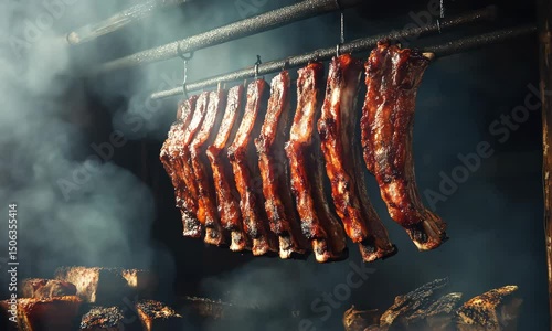 Smoked meat hanging on rack