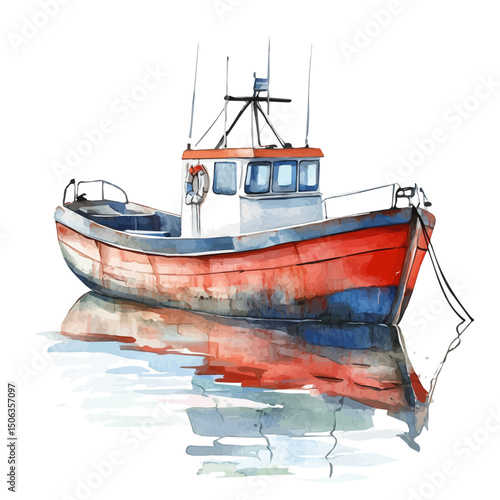 Boat, watercolor vector, high quality, isolated on a white background.