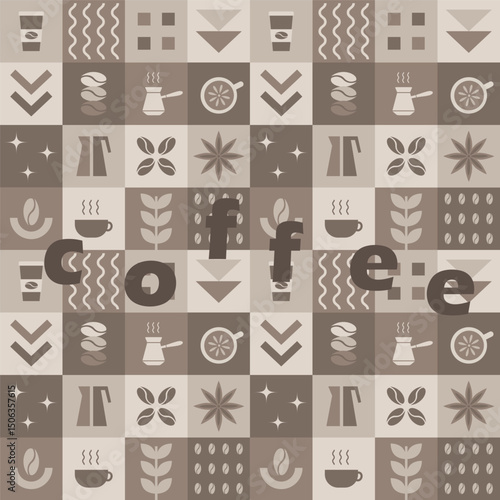Coffee Abstract Pattern. Seamless Geometric Print with Simple Elements. Mosaic. Trendy Flat Style Background. Sample can be used for Packaging, Cover, Wrapping, Bags. Vector in Brown Beige Colors