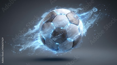 A worn soccer ball, seemingly engulfed in ethereal, icy blue flames, floats against a muted grey backdrop.  The image suggests motion and intense energy