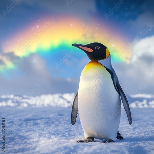 Arctic Penguin Under Rainbow Aurora