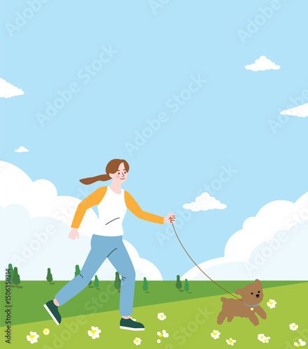 A woman running with her dog in a sunny park