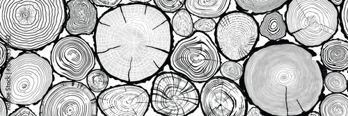 Logs of firewood, wood texture, tree rings pattern, seamless border, vector design, isolated on white background