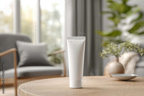A pristine white cosmetic tube sits on a light wood table in a softly lit, minimalist living room setting, blurred background featuring a grey armchair and greenery