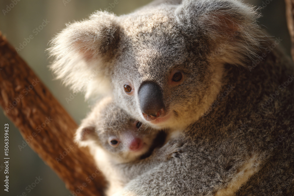 Naklejka premium a koala holding a baby in its arms
