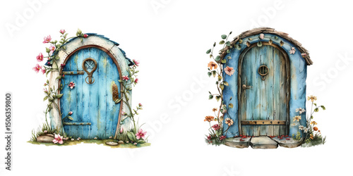 fairy door with spring flowers watercolor vector illustration