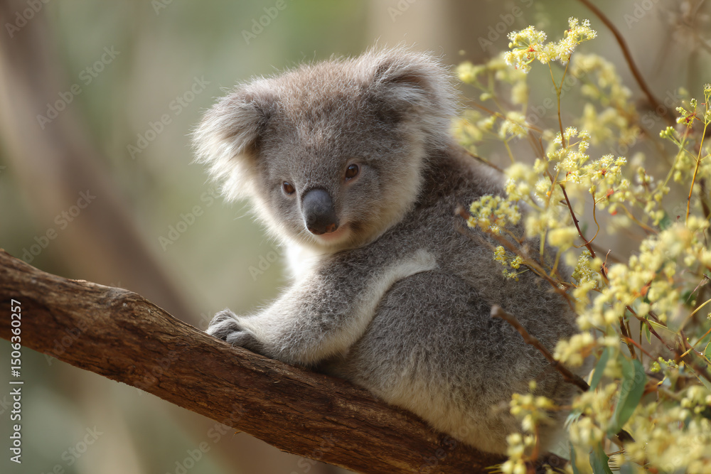 Naklejka premium a koala bear sitting on a branch with flowers