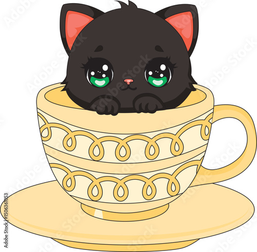Black Cat Inside The Cup Kitten Vector