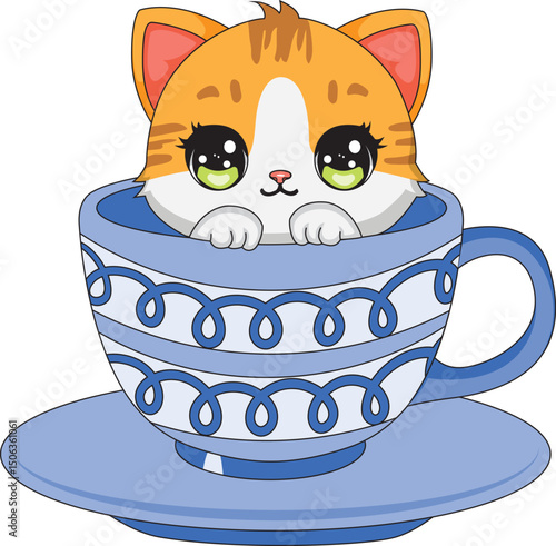Kitten Cartoon Inside The Tea Cup Cat Vector