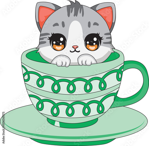 Cute Cat Sitting In A Teacup Vector Kitten Cafe Mascot