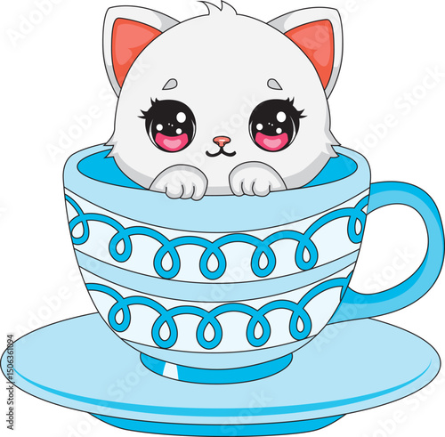 Kawaii Tea Cup Kitten Cartoon White Cat Vector