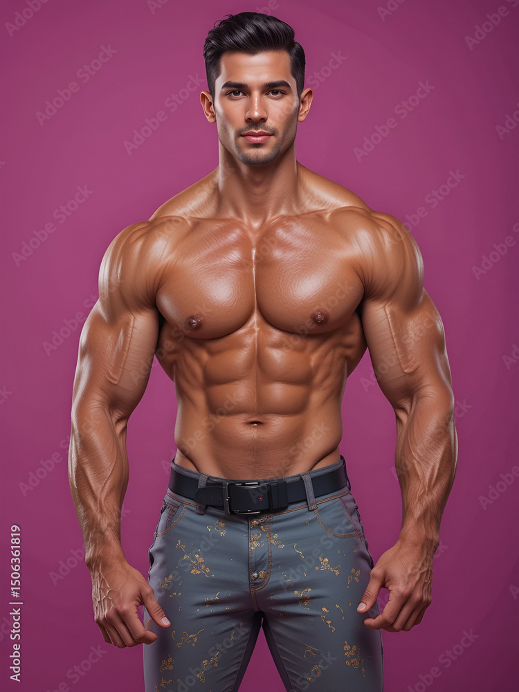 Fototapeta premium Muscular man confidently presenting with a solid color background, highlighting his fit physique and professional demeanor with strength and intelligence