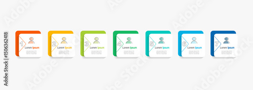 minimal style business concept with 7 steps infographics, white rectangle shape and multicolor label ,design for workflow layout, diagram, annual report, web design. vector illustration