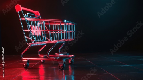 Shopping cart, vibrant, red and blue lighting, dark background