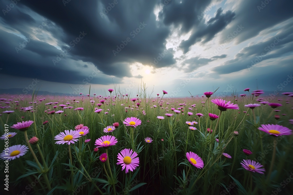 Obraz premium Dramatic landscape featuring fields of asters, September birth flower under a stormy september sky with sunlight bursting through the clouds