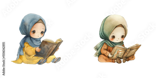 hijab kid reading a book watercolor vector illustration