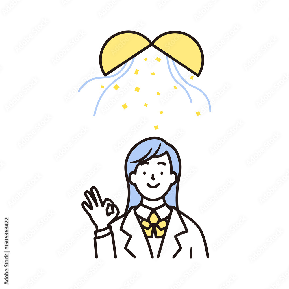 Obraz premium 笑顔で喜んでいる女子高校生のシンプルな上半身とくす玉のイラスト素材