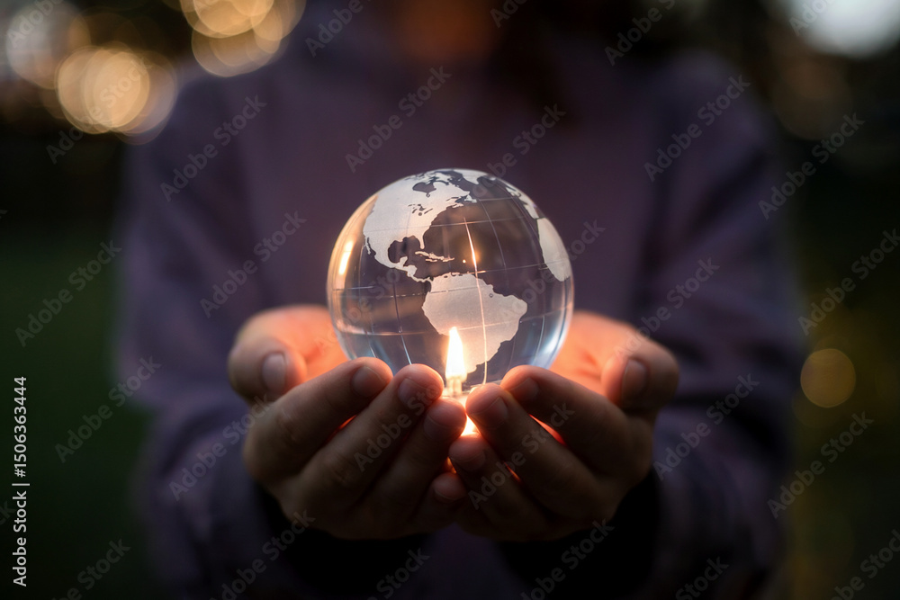Fototapeta premium A close-up photograph of hands cradling a crystal globe in the palms. The globe is made of clear glass with etched continents visible, particularly showing the Americas and parts of Africa.