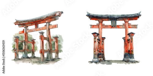 japanese torii gate watercolor vector illustration