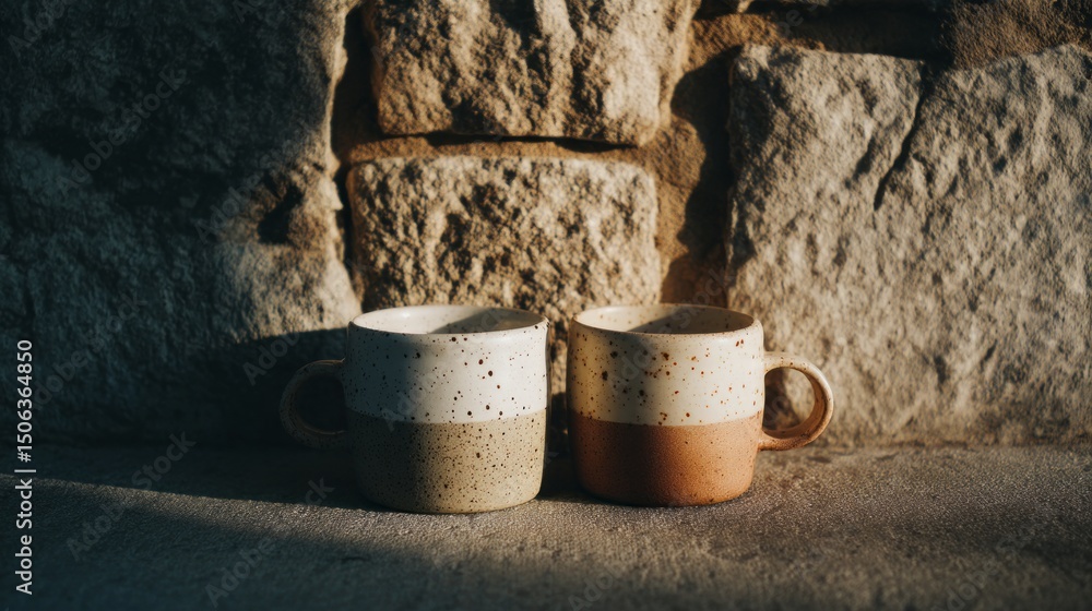 two ceramic mugs resting in front of a stone wall. two ceramic mugs resting in front of a stone wall.