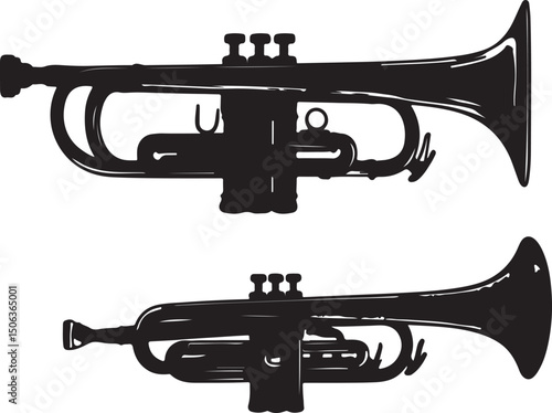 Trumpet Silhouette Vector Art: Musical Instrument Illustration, Black and White Graphic Design