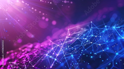 Abstract digital network graphic with vibrant purple and blue hues.  A complex web of interconnected points and lines creates a dynamic, futuristic design.  Soft light flares add depth and intrigue