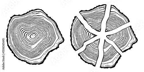 Logs of firewood, wood texture, tree rings pattern, vector design, isolated on white background