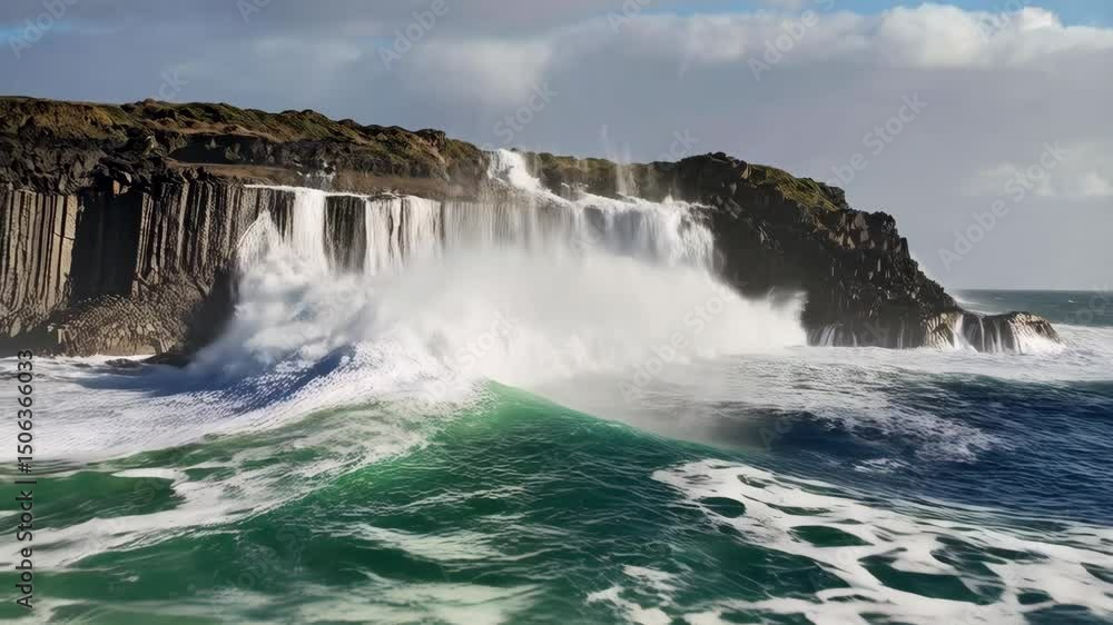 Powerful ocean wave crashing against the rocky coastline, creating a dramatic waterspout. Powerful ocean wave crashing against the rocky coastline, creating a dramatic waterspout.
