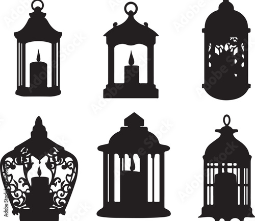 Lantern Silhouettes Vector Set: Vintage Candle Lanterns Clip Art, Decorative Lighting Elements