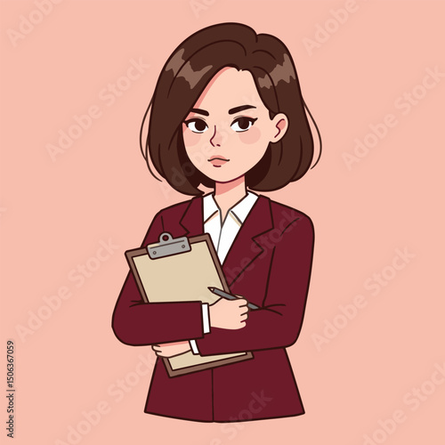 Confident female manager holding a clipboard.