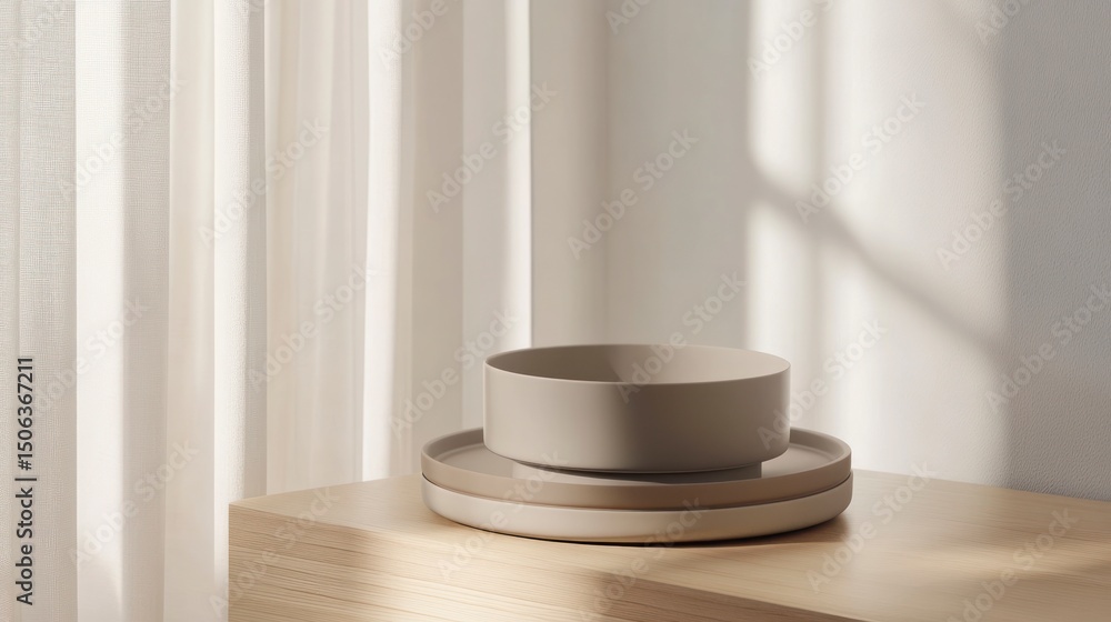 Neutral-toned ceramic bowls and trays on a wooden surface, bathed in natural light Neutral-toned ceramic bowls and trays on a wooden surface, bathed in natural light