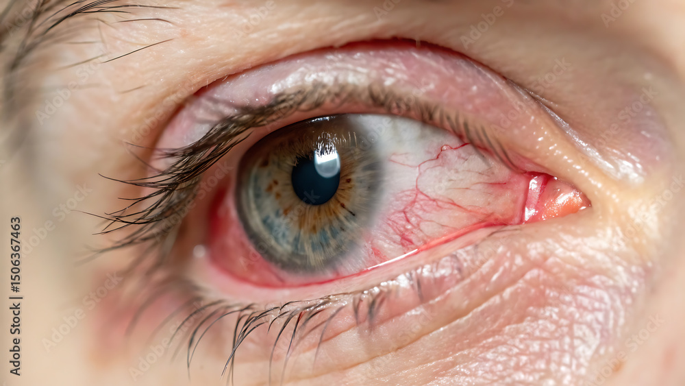 Fototapeta premium Medical Image of Conjunctivitis – Red Eye with Swelling and Yellow Discharge