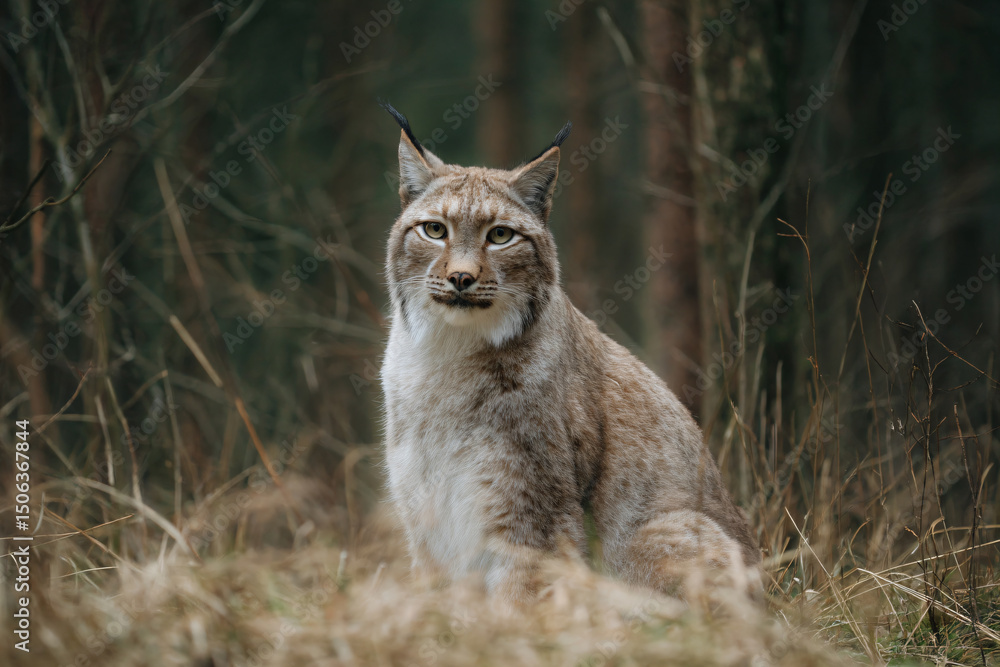 Fototapeta premium a lynx sitting in the grass in a forest