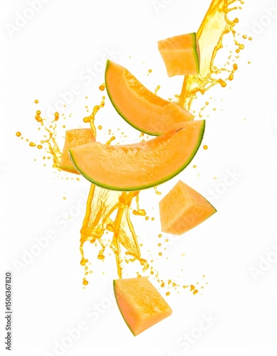 Fresh Melon Slices with Juice Splash in Dynamic Mid-Air Motion on Isolated White Background