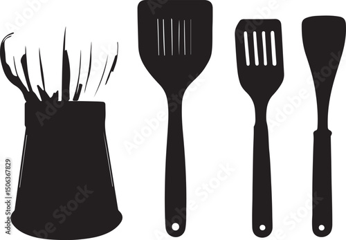 Black & White Kitchen Utensils Silhouette: Whisk, Spatulas, Cooking Tools Vector Illustration