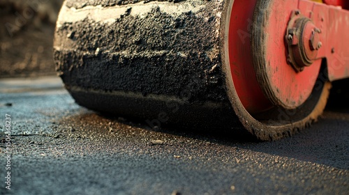 Road roller compacts fresh asphalt