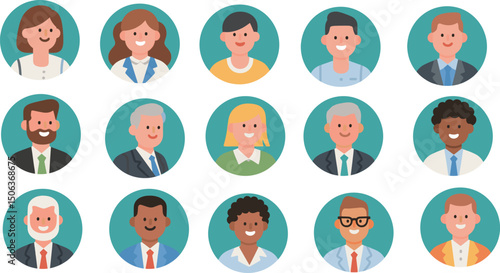 "Diverse professional avatar icons set, business people illustration, multi-ethnic flat style faces, corporate team profile pictures collection". flat vector illustration