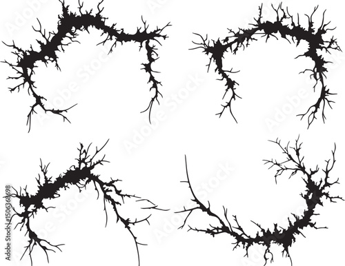 Black and White Vector Cracks: Grunge Texture, Fracture Graphic Elements, Broken Surface Design