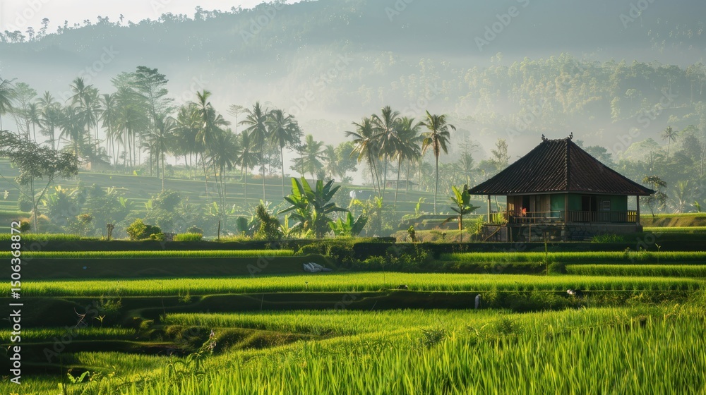 Fototapeta premium Misty Sunrise over Rice Terraces