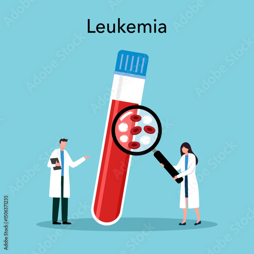 Doctors checking blood for leukemia in flat design vector.