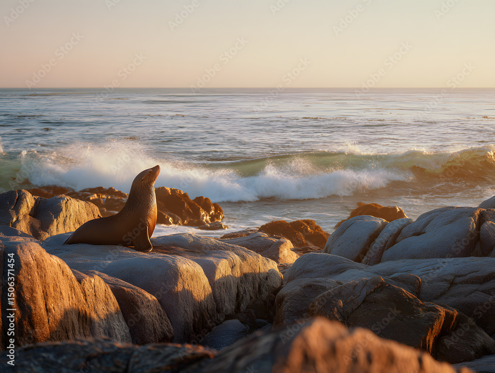 Obraz premium Photograph of a single sea lion resting on a rocky outcrop with the ocean in the background.