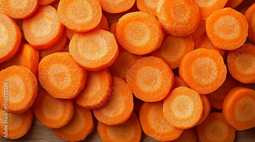 Top-view carrot slices fill the frame in a seamless pattern with caption space—symbolizing health, vitality, natural simplicity, and the vibrant rhythm of plant-based nutrition.
