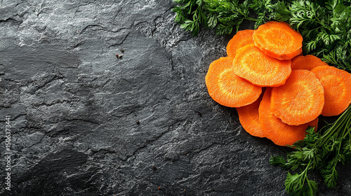 Top-view carrot slices fill the frame in a seamless pattern with caption space—symbolizing health, vitality, natural simplicity, and the vibrant rhythm of plant-based nutrition.
