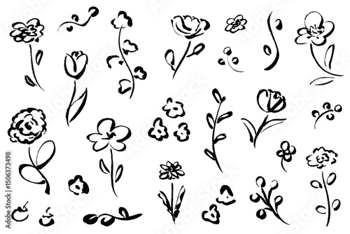 筆タッチのシンプルな花の手描きイラストセット