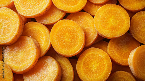 Top-view carrot slices fill the frame in a seamless pattern with caption space—symbolizing health, vitality, natural simplicity, and the vibrant rhythm of plant-based nutrition.
