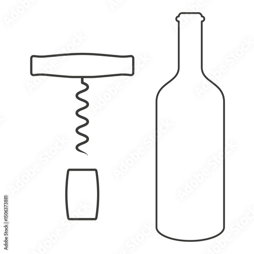 Wine bottle, corkscrew and cork. Flat vector illustration isolated on white background.