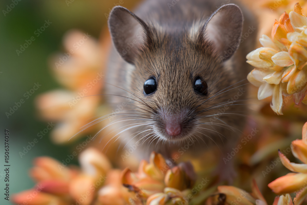 a mouse is standing on a flower with its head looking at the camera a mouse is standing on a flower with its head looking at the camera